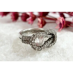 Sterling Silver Cubic Zirconia Vintage Modernist Double Shanked Knot Ring Sz 6